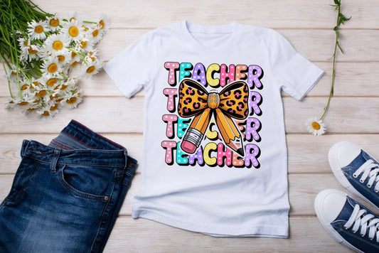 Teacher Bow T-shirt, Pencil T-shirt, Retro Teacher